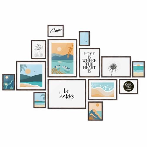 PHOTOLINI dunkel Eiche Bilderrahmen Set verschiedene Größen, 14 Bilderrahmen braun Holz MDF, Bilder Rahmen mit Acrylglas, Bilderrahmenset zum Aufhängen, Fotorahmen Set mit Zubehör für Fotos & Poster von PHOTOLINI