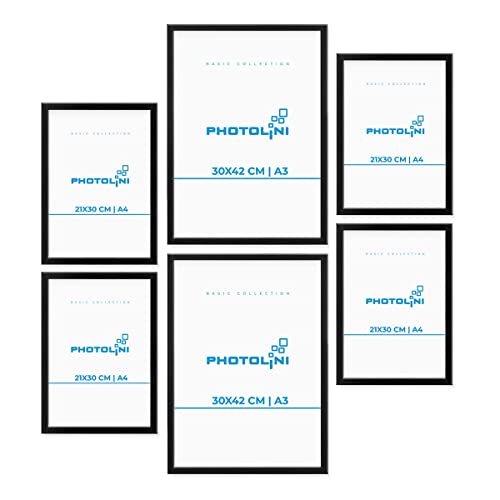 PHOTOLINI Schwarze Bilderrahmen Set Verschiedene Größen, 6 Bilderrahmen schwarz Holz MDF, Bilder Rahmen mit Acrylglas, No.7 Bilderrahmenset zum Aufhängen, Fotorahmen Set mit Zubehör für Fotos, Poster PHOTOLINI Schwarze Bilderrahmen Set Verschiedene Größen, 6 Bilderrahmen schwarz Holz MDF, Bilder Rahmen mit Acrylglas, No.7 Bilderrahmenset zum Aufhängen, Fotorahmen Set mit Zubehör für Fotos, Poster von PHOTOLINI