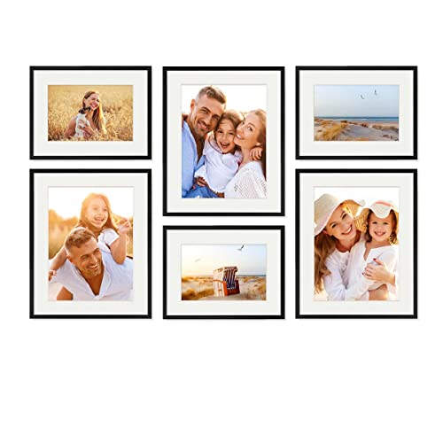 PHOTOLINI schwarze Bilderrahmen Set verschiedene Größen, 6 MDF Holz Bilderrahmen mit Passepartout, Bilder Rahmen mit Acrylglas, No.9 Bilderrahmenset zum Aufhängen, Fotowand Fotorahmen Set & Zubehör von PHOTOLINI