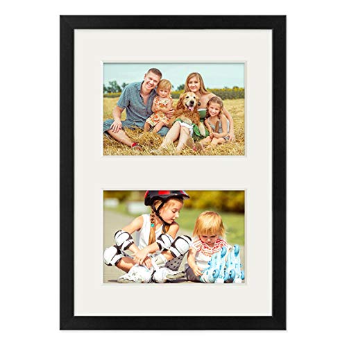 PHOTOLINI Bilderrahmen A4 Schwarz Holz MDF, DIN A4 Bilderrahmen 21x30 cm mit Passepartout für 2 Bilder, Acrylglas bruchsicher, picture frame zum Aufhängen & Aufstellen, Rahmen 30x21 für Fotos, Poster von PHOTOLINI