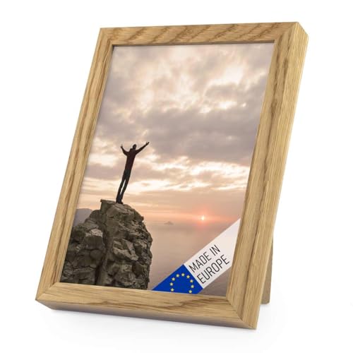PHOTOLINI Bilderrahmen Holz 13x18 Eiche, Holzbilderrahmen Made in EU, bruchsicheres Acrylglas, zum Aufhängen & Aufstellen, extra Zubehör - für Ihre liebsten Fotos & Bilder von PHOTOLINI