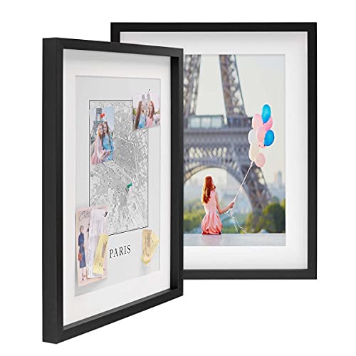 PHOTOLINI 3D Bilderrahmen zum Befüllen 40x50 Schwarz groß, 1,5 cm tiefer Objektrahmen mit Glas, 2X tiefer Bilderrahmen 40x50 Holz MDF mit Passepartout, Dicker 3D Rahmen befüllbar für Gegenstände von PHOTOLINI