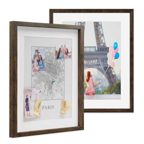 PHOTOLINI 3D Bilderrahmen zum Befüllen 40x50 Eiche dunkel groß, 1,5 cm tiefer Objektrahmen mit Glas, 2X tiefer Bilderrahmen 40x50 Holz MDF mit Passepartout, Dicker 3D Rahmen befüllbar für Gegenstände von PHOTOLINI