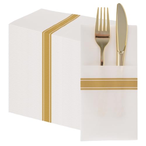 50 Stück Servietten mit Leinenoptik und Bestecktasche, PHUNAT Hochzeits- und Party-Servietten in Weiß und Gold, vorgefaltete Servietten, 40x40 cm 50 Stück Servietten mit Leinenoptik und Bestecktasche, PHUNAT Hochzeits- und Party-Servietten in Weiß und Gold, vorgefaltete Servietten, 40x40 cm von PHUNAT