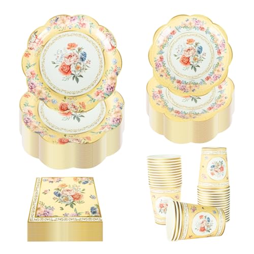 PHUNAT Vintage Partygeschirr Set für 30 Gäste - Gelbe Blumen Pappteller Servietten & Teetassen - Klassisches Papiergeschirr im britischen Stil für Garten Nachmittagsteeparty, Babyparty, Geburtstag von PHUNAT
