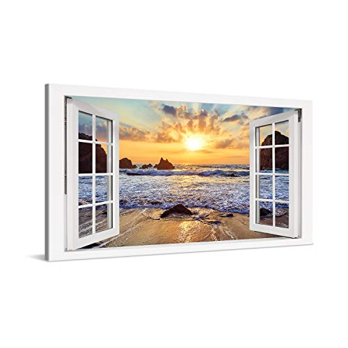 PICANOVA – Bild auf Leinwand Felsiger Strand Sonnenuntergang Fenster 100x50cm – Leinwandbild – Premium Leinwanddruck – Wandbild Kunstdruck Auf 2cm Holz-Keilrahmen Wohnzimmer Wanddekoration – Strand von PICANOVA