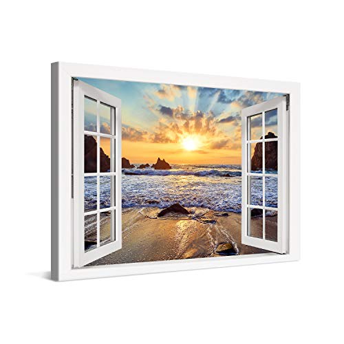 PICANOVA – Bild auf Leinwand Felsiger Strand Sonnenuntergang Fenster 120x80cm – Leinwandbild – Premium Leinwanddruck – Wandbild Kunstdruck Auf 2cm Holz-Keilrahmen Wohnzimmer Wanddekoration – Strand von PICANOVA