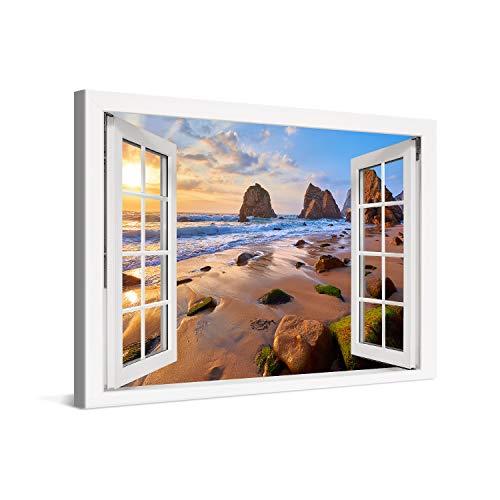 PICANOVA – Bild auf Leinwand Meeresstrand mit Felsen Fenster 120x80cm – Leinwandbild – Premium Leinwanddruck – Wandbild Kunstdruck Auf 2cm Holz-Keilrahmen Wohnzimmer Wanddekoration – Strand von PICANOVA