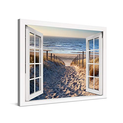 PICANOVA – Bild auf Leinwand Weg zum Meer Fenster 80x60cm – Leinwandbild – Premium Leinwanddruck – Wandbild Kunstdruck Auf 2cm Holz-Keilrahmen Wohnzimmer Wanddekoration – Strand von PICANOVA