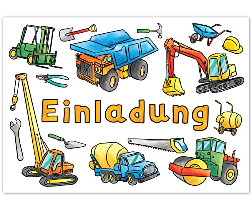 PICTALOO Einladungskarten Baustelle Kindergeburtstag 12er Set - Geburtstagseinladungen für Mädchen und Jungen bis 10 Jahre – Einladung Karte mit Bagger, LKW und Kran für Geburtstag Party von PICTALOO