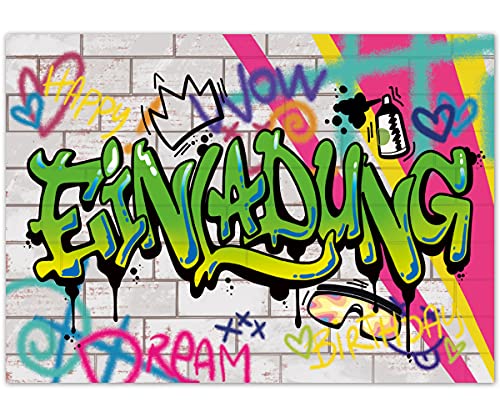Einladungskarten Graffiti Kindergeburtstag 12er Set – coole Geburtstagseinladungen für Mädchen, Jungen, Teenager bis 12 Jahre – universelle Einladung Karte, Partyeinladung Einschulung und Geburtstag von PICTALOO