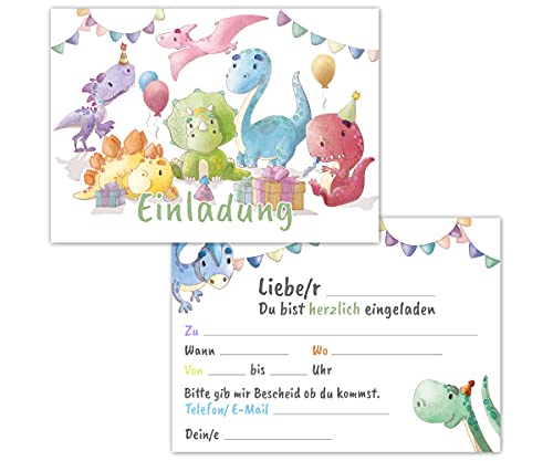 Einladungskarten Kindergeburtstag 12er Set mit Dinos - Geburtstagseinladungen für Mädchen und Jungen bis 10 Jahre – allgemeine Einladung Karte, ideal für die Party zur Einschulung und Geburtstag von PICTALOO