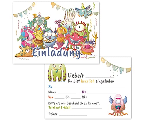 Einladungskarten Monster Kindergeburtstag 12er Set - Geburtstagseinladungen für Mädchen und Jungen bis 10 Jahre – allgemeine Einladung Karte, ideal für die Party zur Einschulung und Geburtstag von PICTALOO