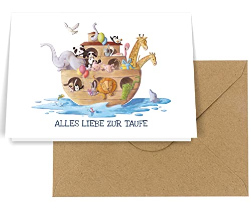 Karte zur Taufe, Glückwunschkarte mit Arche Noah und Regenbogen, Taufkarte für Patenkind, Mädchen und Junge - Glückwunsch Klappkarte als persönlicher Gruß zum Taufgeschenk (Karte + Umschlag) von PICTALOO