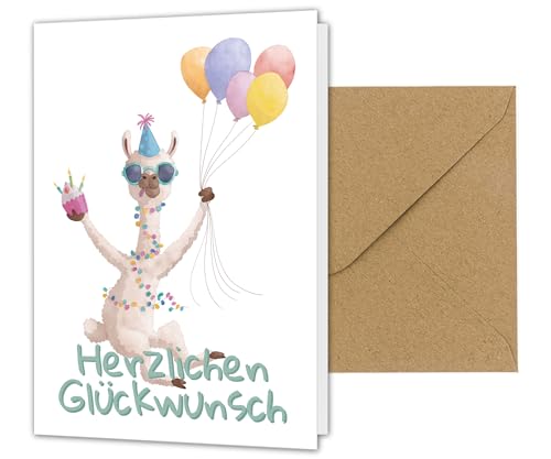 PICTALOO Glückwunschkarte Lama Alpaka - Herzlichen Glückwunsch – Geburtstagskarte Happy Birthday, Grußkarte Geburtstag Jahrestag Geburtstagsgeschenk, Karte Gratulation (Klappkarte + Kuvert) von PICTALOO