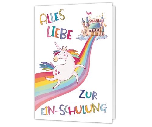 PICTALOO Karte Einschulung Einhorn, liebevoll von Hand illustriert - Glückwunschkarte Einschulung Schulanfang – Klappkarte Schulkind – Einschulungskarte inkl. Umschlag –produziert in Deutschland von PICTALOO