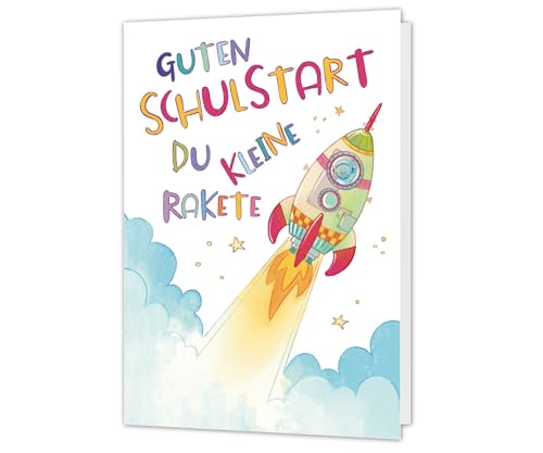 PICTALOO Karte Einschulung Rakete, liebevoll von Hand illustriert - Glückwunschkarte Einschulung Schulanfang – Klappkarte Schulkind – Einschulungskarte inkl. Umschlag –produziert in Deutschland von PICTALOO