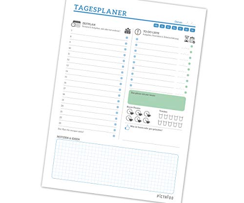 Tagesplaner Block mit 50 Blatt A4, mit Zeitplan, To-Do Liste inkl. Priorisierung, Notizblock und Erinnerungshilfe für Trinken und Pausen, dein Alltagshelfer für mehr Produktivität 2025 (blau) von PICTALOO