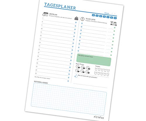 Tagesplaner Block mit 50 Blatt A4, mit Zeitplan, To-Do Liste inkl. Priorisierung, Notizblock und Erinnerungshilfe für Trinken und Pausen, dein Alltagshelfer für mehr Produktivität 2023 (blau) von PICTALOO