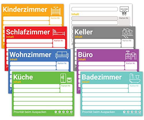PICTALOO Umzugsetiketten im XL-Format - farbige Umzugsaufkleber zum Beschriften von Umzugskartons, organisierter Umzug durch 8 verschiedene Aufkleber – mehr Übersicht durch bunte Etiketten (80er Mix) von PICTALOO