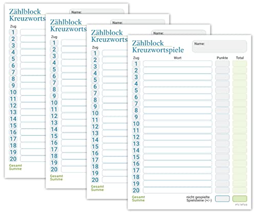 Zählblock Kreuzwortspiele Deutsch, Block zum übersichtlichen Notieren von Punkten, moderner Ersatzblock DIN A5, Spielblock groß, für Senioren geeignet, Score Sheet, Protokollblatt, Punkteblock (4X) von PICTALOO