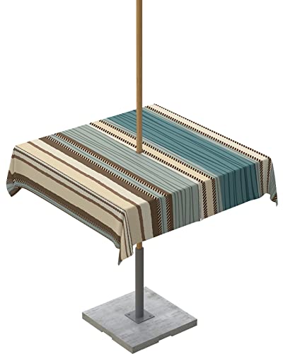Tischdecke mit Boho-Streifen, quadratisch, für drinnen und draußen, blaugrün, grau, Südwest-Stammes-Design, waschbar, wasserdicht, Tischdecke mit Schirmloch, Reißverschluss, für Partys, Pool, Terrasse von PIEPLE