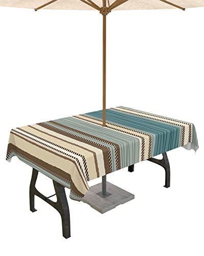 Tischdecke mit Boho-Streifen, rechteckig, für drinnen und draußen, Blaugrün, Grau, Südwest-Stammes-Design, waschbar, wasserdicht, Tischdecke mit Schirmloch, Reißverschluss, für Partys, Pool, Terrasse von PIEPLE