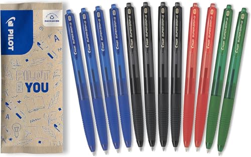 PILOT - 12er-Set Super Grip G Kugelschreiber - Nachfüllbarer und einziehbarer Kugelschreiber mit ultraweicher Tinte - Komfortables Schreiben - 4 Blau, 4 Schwarz, 2 Rot, 2 Grün - Mittlere Spitze von PILOT