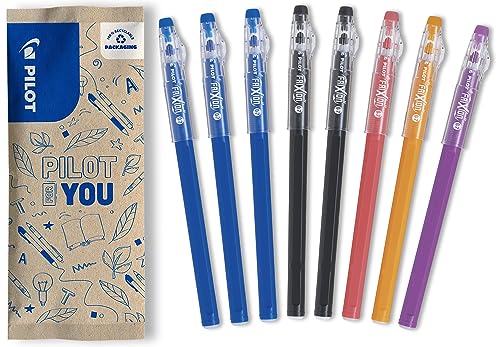PILOT - 8er-Set FriXion Ball Stick - Gel-Tinte radierbar - 3 Blau, 2 Schwarz, 1 Koralle, 1 Orange, 1 Lila - Der FriXion Kugelschreiber - Für Federmäppchen - Schulartikel - Mittlere Spitze von PILOT