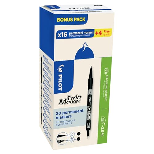 PILOT Twin Marker – 2-in-1 Permanent-Marker – ultra-präzise Linienführung für verschiedene Oberflächen – aus recyceltem Kunststoff – Schwarz, Doppelspitze fein und extra fein – 20 Stück PILOT Twin Marker – 2-in-1 Permanent-Marker – ultra-präzise Linienführung für verschiedene Oberflächen – aus recyceltem Kunststoff – Schwarz, Doppelspitze fein und extra fein – 20 Stück von PILOT