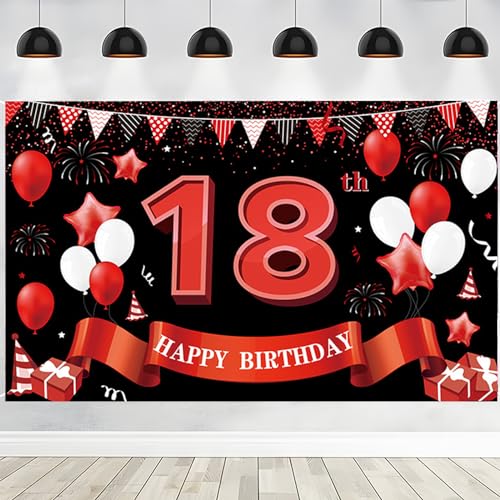 PIMXL 18. Geburtstag Banner Rot, 180 x 110 cm, Geburtstagsbanner für Jungen und Mädchen, mit Seil von PIMXL