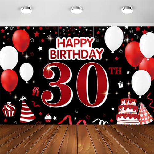 PIMXL 30. Geburtstag Banner Rot-Schwarz, 180 x 110 cm, Polyester, für Mädchen und Jungen, mit Seil von PIMXL