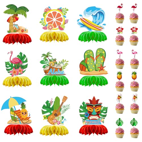 PIMXL Hawaii Deko Party, 9 Stück Hawaii Bienenwabe-Mittelstücke und 24 Stück Cupcake Topper, Flamingo Theme Table Centerpieces, 3D Tischdekorationen Partyzubehör für BBQ Tropischen Garten Party Deko PIMXL Hawaii Deko Party, 9 Stück Hawaii Bienenwabe-Mittelstücke und 24 Stück Cupcake Topper, Flamingo Theme Table Centerpieces, 3D Tischdekorationen Partyzubehör für BBQ Tropischen Garten Party Deko von PIMXL