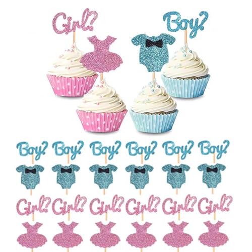 PINEPAN Junge oder Mädchen Cupcake Toppers Glitter Blau und Rosa Junge oder Mädchen Gender Reveal Tortendekoration für Baby Shower 24 Stück von PINEPAN