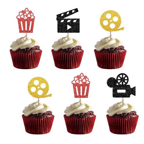 Cupcake-Topper für Hollywood-Themen-Babyparty, rote und goldene Glitzer-Kamera-Popcorn-Schild, Cupcake-Topper, Theater-Kuchendekorationen für Filmabende, Partyzubehör, 24 Stück Cupcake-Topper für Hollywood-Themen-Babyparty, rote und goldene Glitzer-Kamera-Popcorn-Schild, Cupcake-Topper, Theater-Kuchendekorationen für Filmabende, Partyzubehör, 24 Stück von PINKAAJ