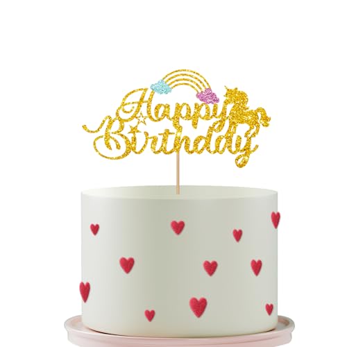 Einhorn Happy Birthday Cake Topper, Einhorn Regenbogen Kuchen Topper, Baby Mädchen Geburtstag Kuchen Dekorationen, 1. Geburtstag Party Dekorationen - Gold Glitter von PINKAAJ