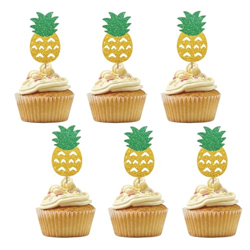 Set mit 24 Ananas-Cupcake-Toppern für Sommerfrucht-Babyparty, goldener Glitzer, hawaiianische tropische Cupcake-Topper, Aloha-Baby-Kuchendekorationen für tropische Luau-Motto-Party-Zubehör Set mit 24 Ananas-Cupcake-Toppern für Sommerfrucht-Babyparty, goldener Glitzer, hawaiianische tropische Cupcake-Topper, Aloha-Baby-Kuchendekorationen für tropische Luau-Motto-Party-Zubehör von PINKAAJ