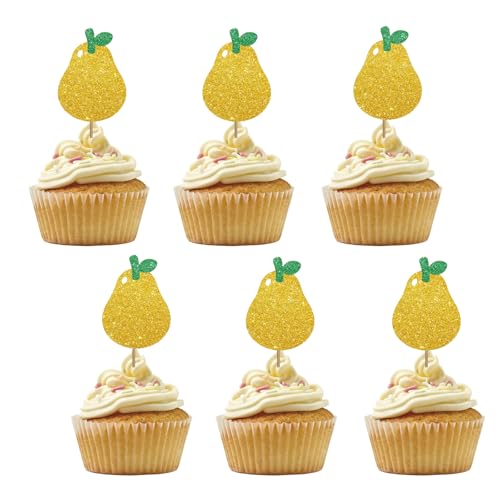 Set mit 24 Birnenfrucht-Cupcake-Toppern für Obst-Babyparty, goldener Glitzer, Tutti Frutti, Cupcake-Topper, süße Birnen-Kuchendekorationen für Sommer-Mottoparty-Zubehör Set mit 24 Birnenfrucht-Cupcake-Toppern für Obst-Babyparty, goldener Glitzer, Tutti Frutti, Cupcake-Topper, süße Birnen-Kuchendekorationen für Sommer-Mottoparty-Zubehör von PINKAAJ