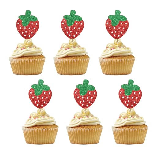 Set mit 24 Erdbeer-Cupcake-Toppern für Beeren-Babyparty, rote Glitzer-Erdbeer-Geburtstags-Cupcake-Topper, Sweet One Kuchendekorationen für Obst-Motto-Party-Zubehör Set mit 24 Erdbeer-Cupcake-Toppern für Beeren-Babyparty, rote Glitzer-Erdbeer-Geburtstags-Cupcake-Topper, Sweet One Kuchendekorationen für Obst-Motto-Party-Zubehör von PINKAAJ