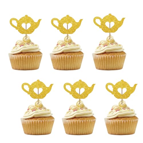 Set mit 24 Teekannen-Cupcake-Toppern für Teeparty, Babyparty, goldfarbene Glitzer-Teekanne, Schild, Cupcake-Topper, Nachmittagstee, Kuchendekorationen für Hochzeit, Geburtstag, Partyzubehör Set mit 24 Teekannen-Cupcake-Toppern für Teeparty, Babyparty, goldfarbene Glitzer-Teekanne, Schild, Cupcake-Topper, Nachmittagstee, Kuchendekorationen für Hochzeit, Geburtstag, Partyzubehör von PINKAAJ