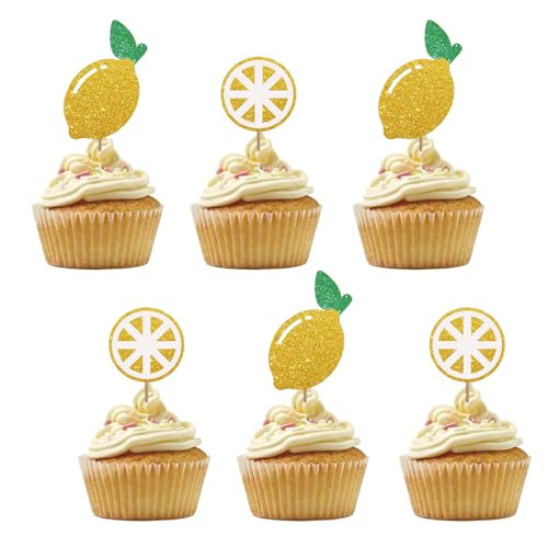 Set mit 24 Zitronen-Cupcake-Toppern für Limonade Babyparty, goldener Glitzer, Zitronensilfe, Cupcake-Topper, Zitrusfrucht, Kuchendekorationen für Limonade, Junggesellinnenabschied von PINKAAJ