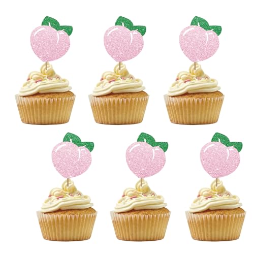 Set mit 24 süßen Pfirsich-Cupcake-Toppern für Obst-Babyparty, rosa Glitzer, Pfirsich-Geburtstag, Cupcake-Topper, süße Kuchendekorationen für Sommer-Frucht-Motto-Party-Zubehör Set mit 24 süßen Pfirsich-Cupcake-Toppern für Obst-Babyparty, rosa Glitzer, Pfirsich-Geburtstag, Cupcake-Topper, süße Kuchendekorationen für Sommer-Frucht-Motto-Party-Zubehör von PINKAAJ