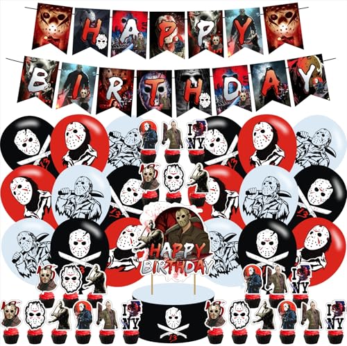 Horrorfilm-Geburtstagsparty-Zubehör, klassische Horrorfilm-Party-Dekorationen, inklusive Happy Birthday-Banner, Kuchendekoration, Cupcake-Topper, für Halloween-Party-Dekorationen Horrorfilm-Geburtstagsparty-Zubehör, klassische Horrorfilm-Party-Dekorationen, inklusive Happy Birthday-Banner, Kuchendekoration, Cupcake-Topper, für Halloween-Party-Dekorationen von PINUO