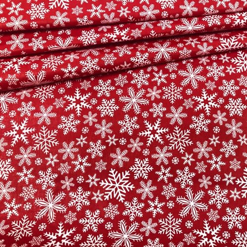 PINaPIN Baumwollgewebe Baumwollstoff 100% Baumwolle Stoffe meterware zum nähen Bettwäsche, Tischtücher, Vorhänge 100x160 cm (Weihnachtliche Rote Schneeflöckchen) von PINaPIN