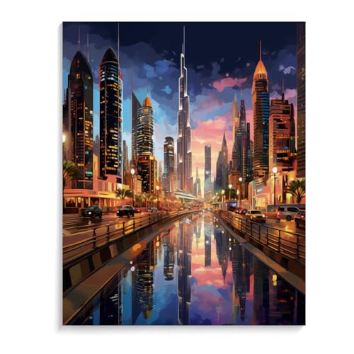 PIPISKY Entspannt malen: Stressabbau-Malen-nach-Zahlen-Set,Dubai, verträumte Stadtnachtansicht,40x50cm,Ohne Rahmen von PIPISKY