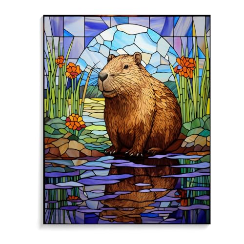 PIPISKY Nummerierte Träume: Premium Malen-nach-Zahlen-Leinwand-Malset,Mosaik-Buntglasfenster von Meerschweinchen,40x50cm,Ohne Rahmen von PIPISKY