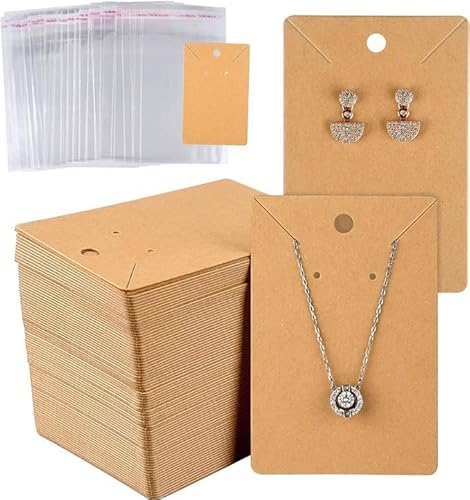 100x Ohrring-Displaykarten Kraftpapier + 100 Klebebeutel – Schmuckpräsentation zum Verpacken und Aufhängen von Halsketten, Ohrringen von PIQIUQIU