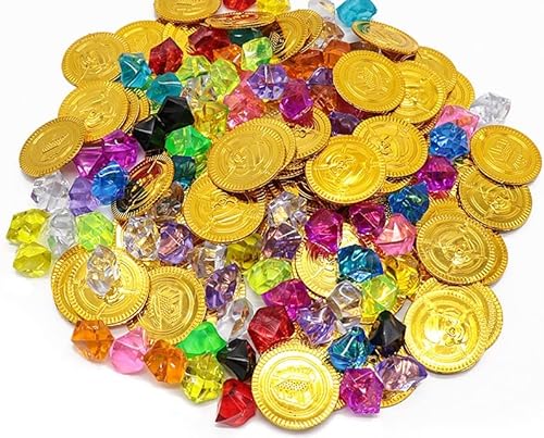 PIQIUQIU 150 Stück Piraten Goldmünzen（50 Stücke Pirat Münzen mit 100 Stücke Kinder Piraten Edelsteine für Kinder,Piratenschatz,Piratenparty Mitgebsel,Schatzsuche Kindergeburtstag von PIQIUQIU