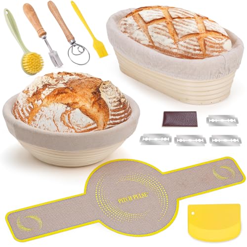 Gärkorb Set, PITCH PULSE Brot Gärkörbchen aus Peddigrohr zum Brot backen, Brotkörbchen mit Sauerteigbrotback-Werkzeugsatz(23cm rund & 25cm oval) von PITCH + PULSE