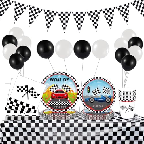 Auto Partygeschirr Set, Rennwagen Party Geschirr, Rennen Partyzubehör für Jungen, Pappteller, Servietten, Tischdecke, Pappbecher, Racing Car Party Supplies, Party Dekoration für 8 Gäst von PIUMOJ